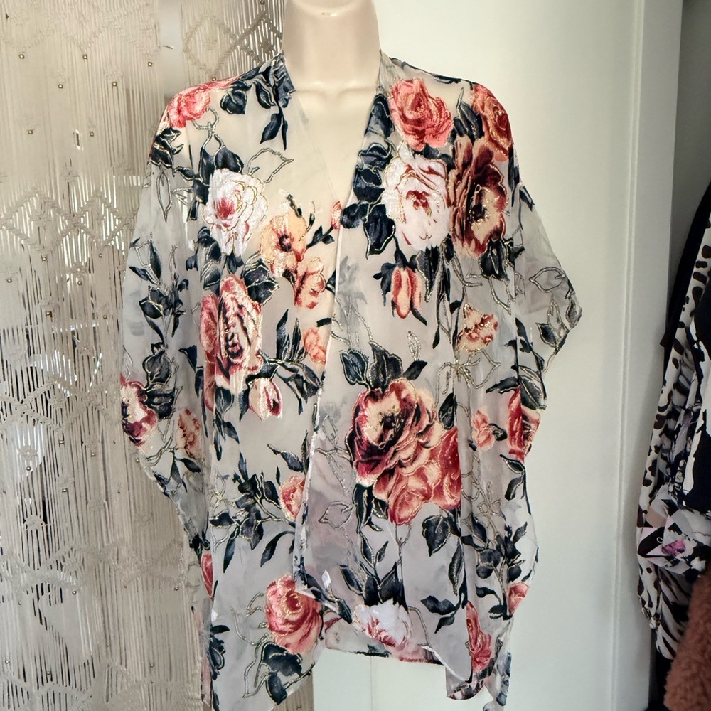 Floral Sheer Kimono Cardigan - White with Pink Rose Print